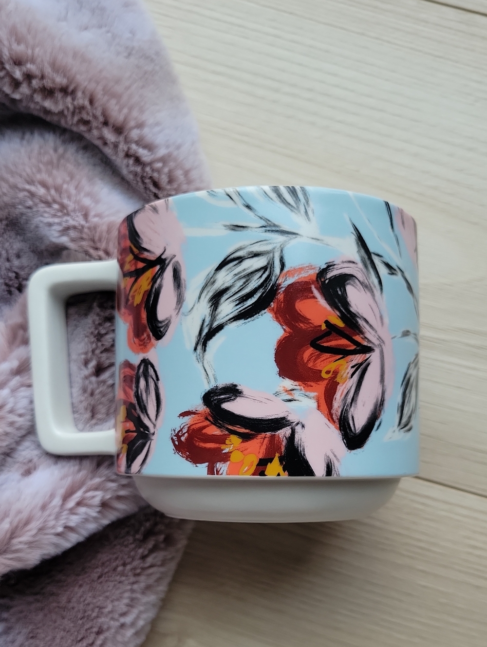2019 Starbucks Ceramic Mug Peony Floral in Pale Blue and Coral 14 Fl Oz